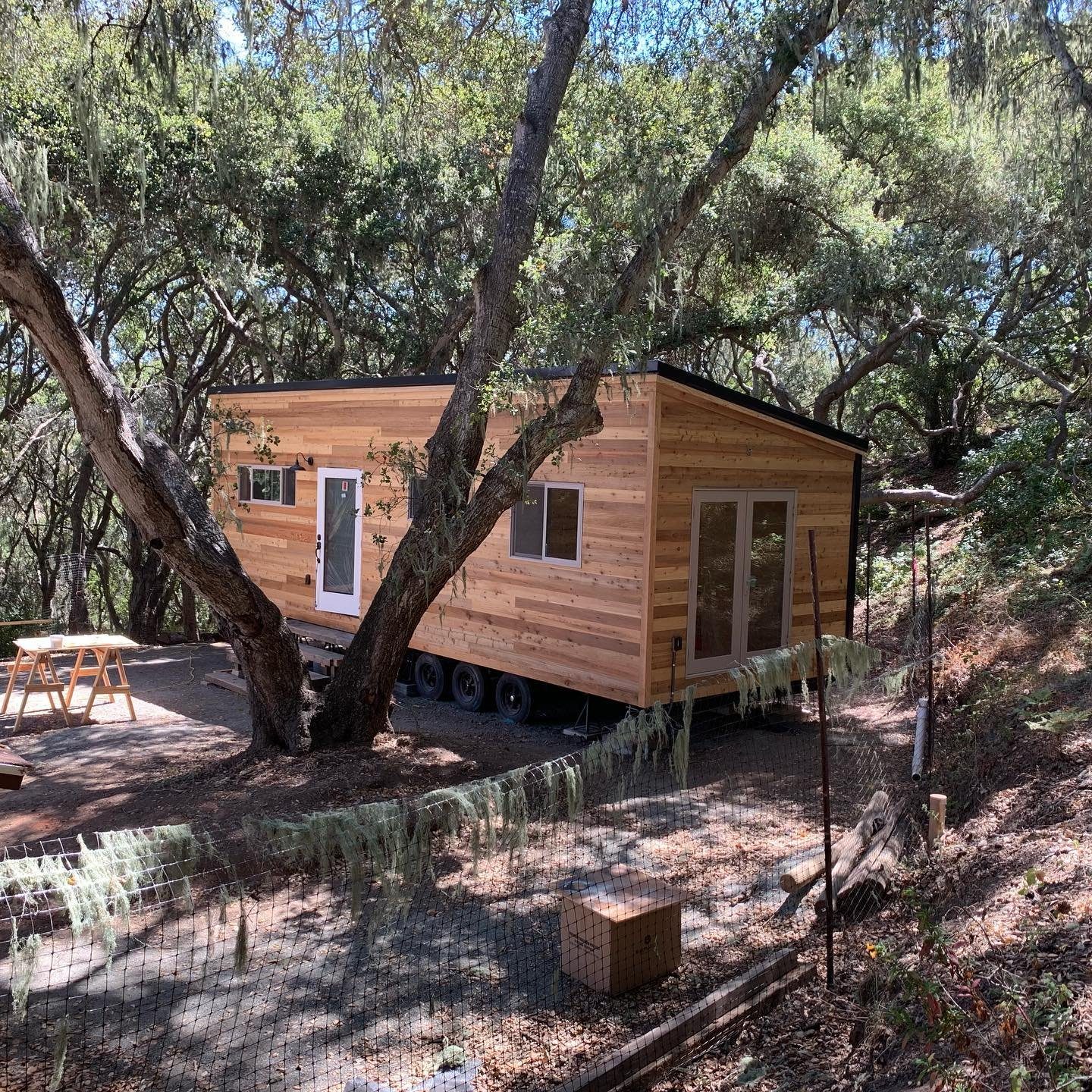 Wood-sided ADU among oak trees