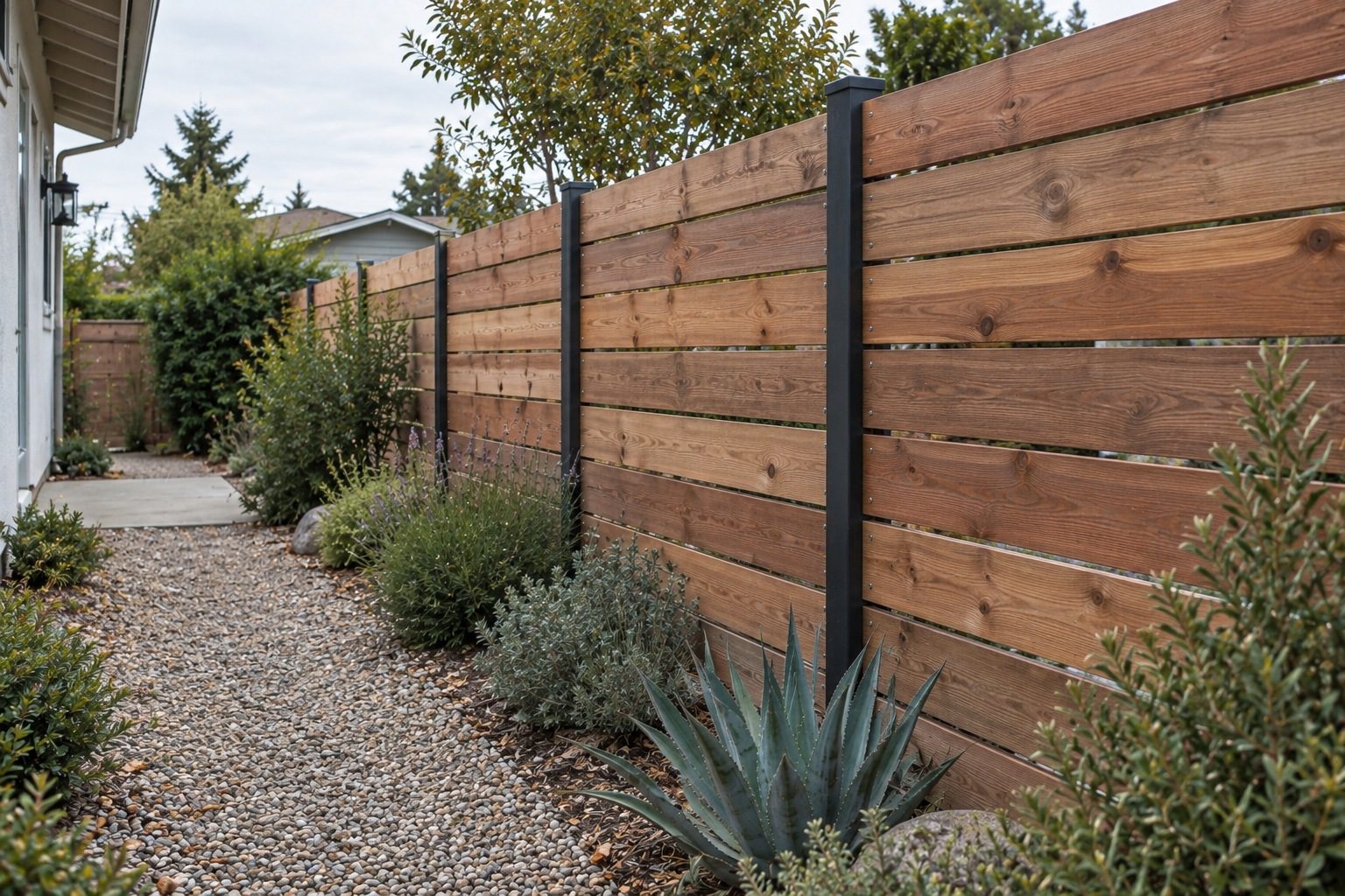 Horizontal redwood privacy fence with steel posts along a planted side yard