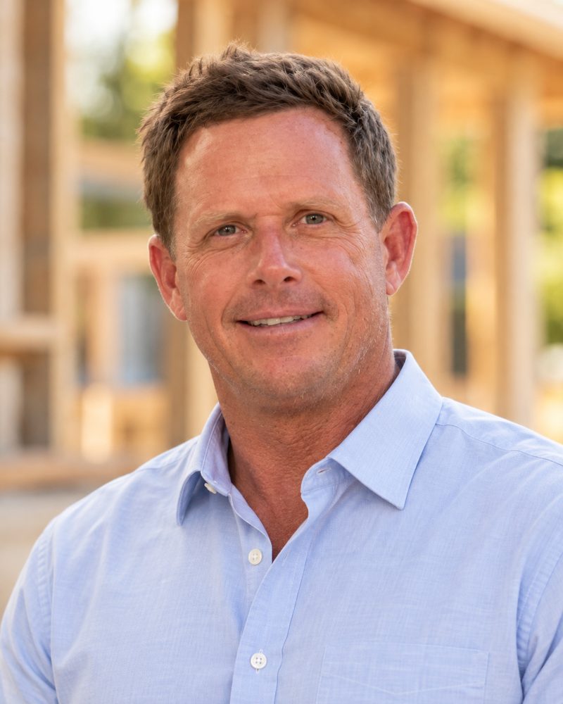 Jeremy Green, owner of JD Green Construction, in front of a framed building