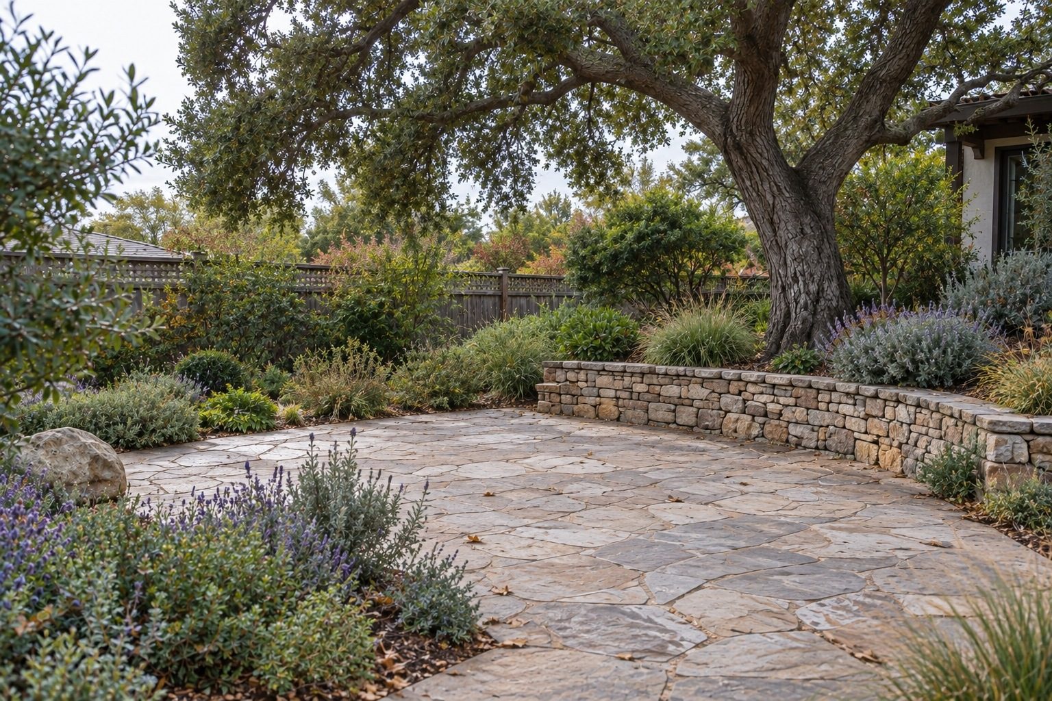 Backyard with a flagstone patio, low stone wall, native plantings and an oak tree