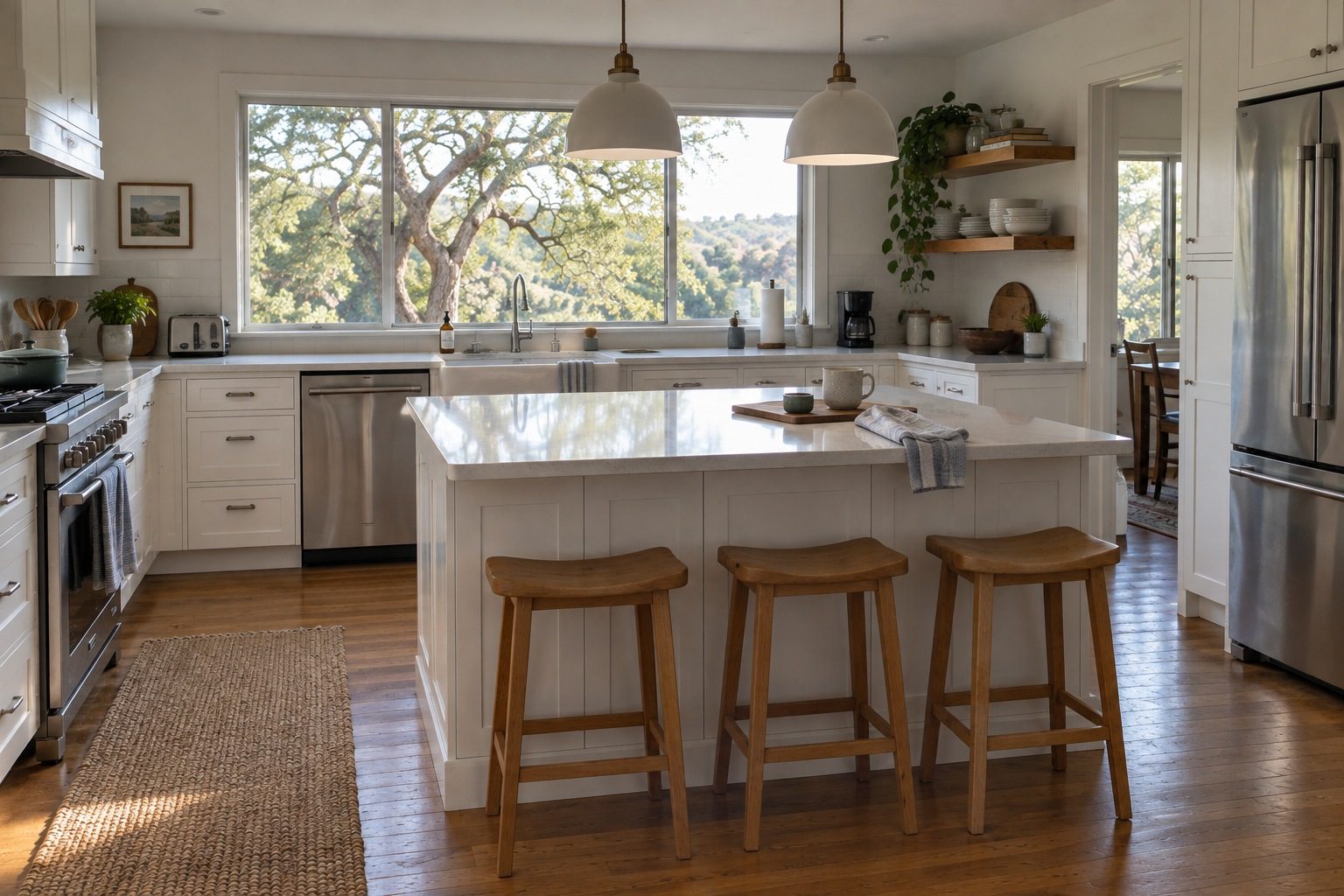 Bright remodeled kitchen with white cabinets, oak floor and a window onto oak trees
