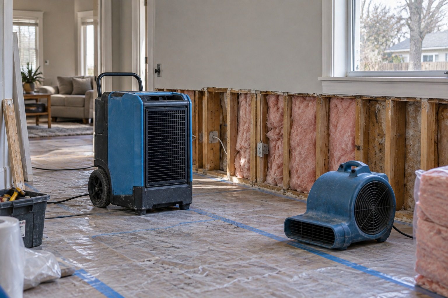 Room under water-damage restoration with drywall cut back, a dehumidifier and an air mover