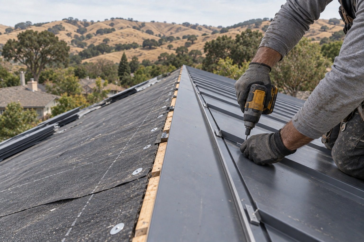 Roofer fastening a standing-seam metal roof panel above golden hills